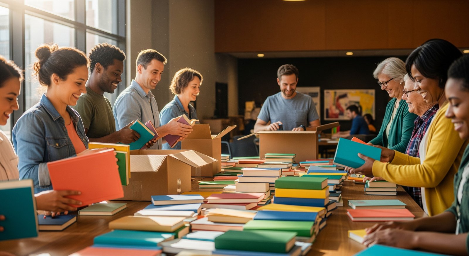 Volunteers sorting books for distribution